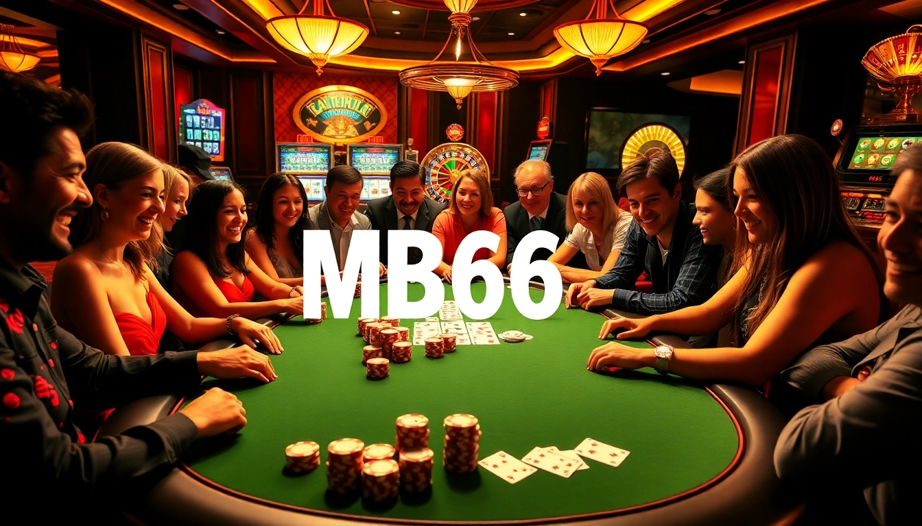 Players enjoying high-stakes poker at a luxurious casino table featuring MB66 themes.