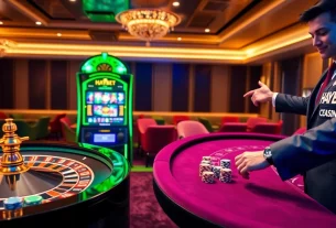 Experience the excitement of HAYBET with dynamic casino gaming visuals featuring a roulette wheel and poker chips.