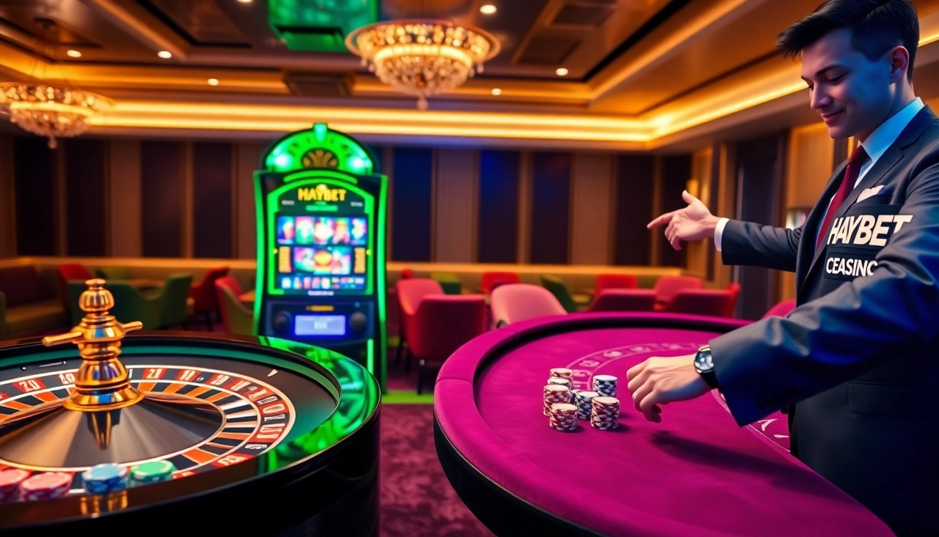 Experience the excitement of HAYBET with dynamic casino gaming visuals featuring a roulette wheel and poker chips.