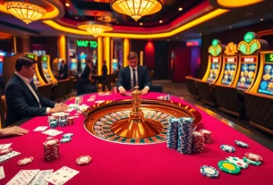 Experience the thrills of mb66 com with poker chips and a roulette wheel in a luxurious casino environment.