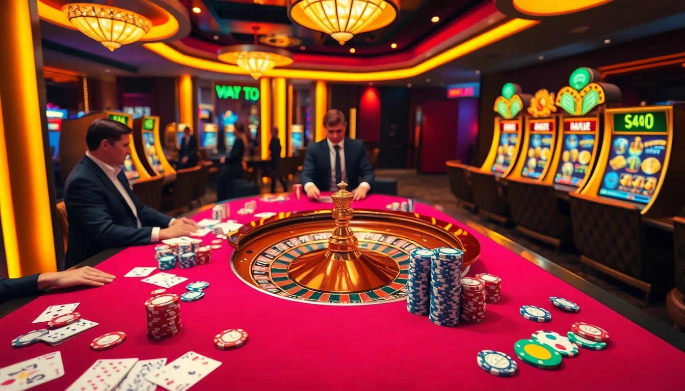 Experience the thrills of mb66 com with poker chips and a roulette wheel in a luxurious casino environment.