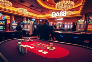 DA88 players placing bets at a luxurious casino table with vibrant gaming elements.