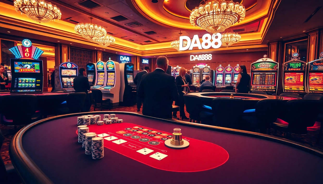 DA88 players placing bets at a luxurious casino table with vibrant gaming elements.
