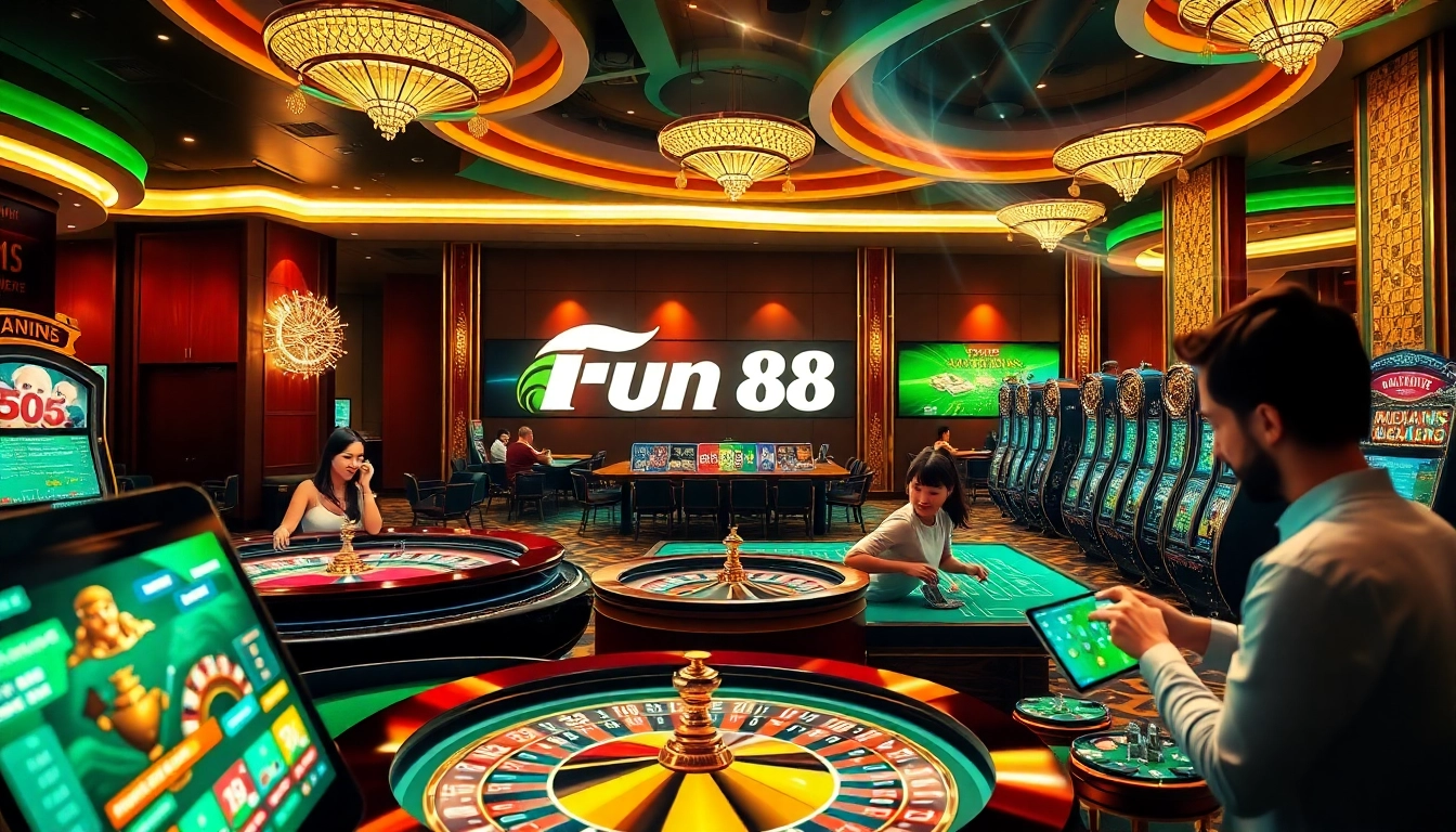 Players enjoying casino games and betting on Fun 88 with vibrant online gaming visuals.