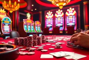 Players strategizing at a j88 casino table with vibrant poker chips and cards.