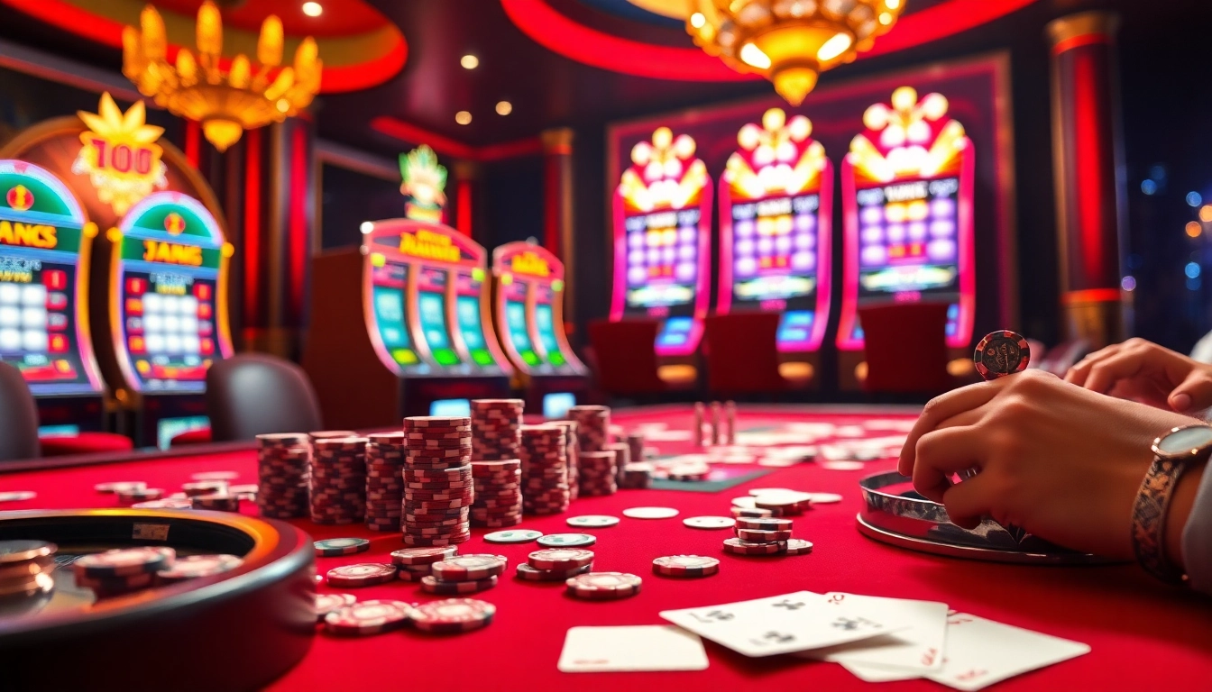 Players strategizing at a j88 casino table with vibrant poker chips and cards.