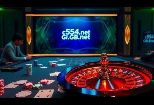 C54.gb.net online casino scene with poker chips and roulette wheel in a luxurious setting.