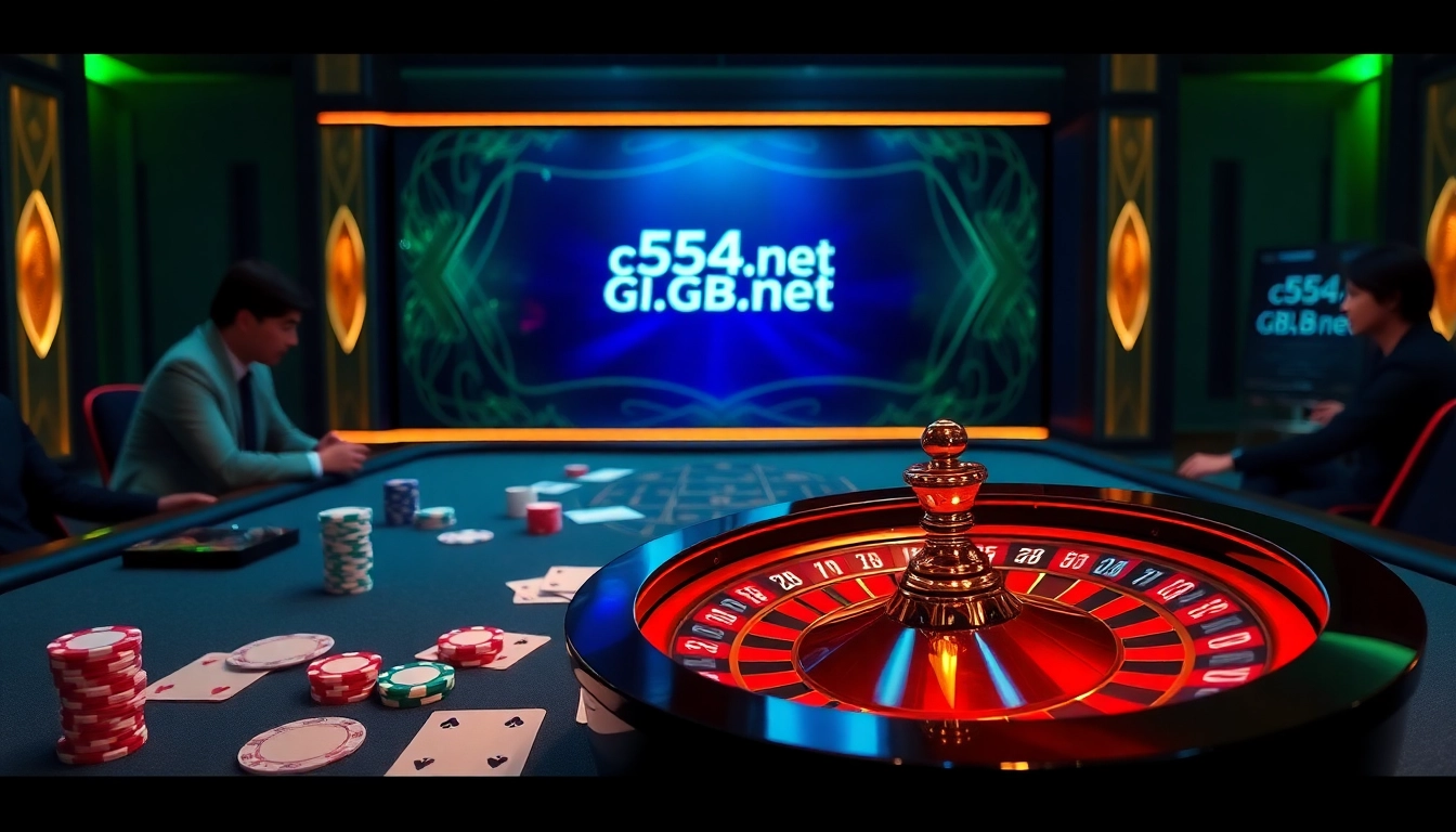 C54.gb.net online casino scene with poker chips and roulette wheel in a luxurious setting.