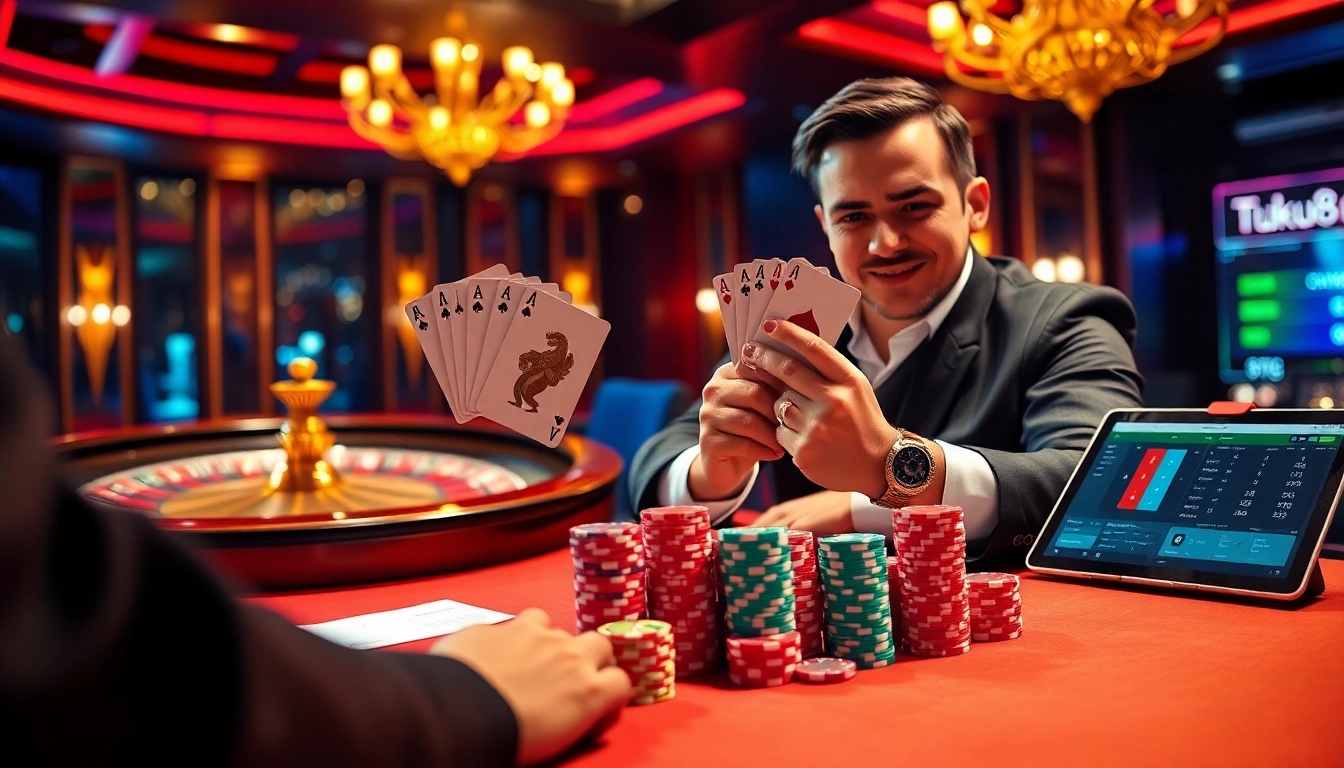 Win big at UK88 link with high-stakes poker at a luxury casino, bright lights, and colorful chips.