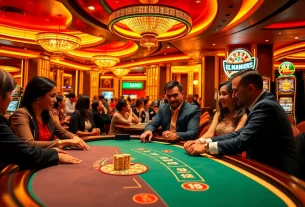 Experience the thrill at az 888 casino with players at the poker table and the roulette wheel spinning.