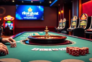 An engaging online gambling scene showcasing players at rikvip.gb.net participating in poker and roulette, with vibrant colors and luxury ambiance.