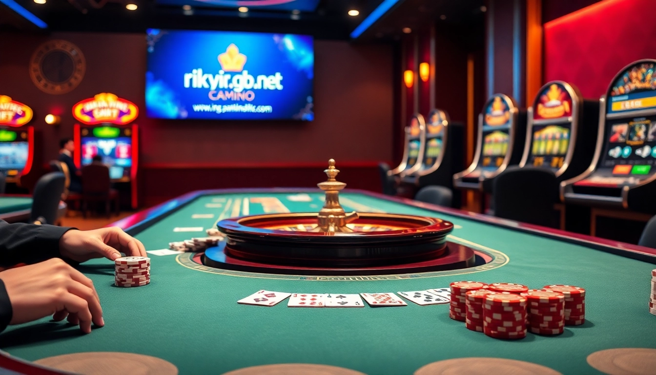 An engaging online gambling scene showcasing players at rikvip.gb.net participating in poker and roulette, with vibrant colors and luxury ambiance.