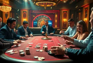 S666 casino players enjoying high-stakes poker with vibrant chips and exciting atmosphere.
