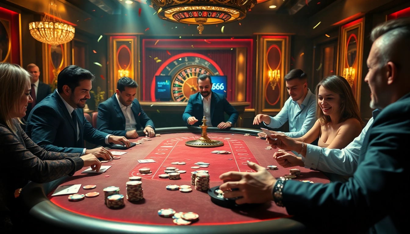 S666 casino players enjoying high-stakes poker with vibrant chips and exciting atmosphere.
