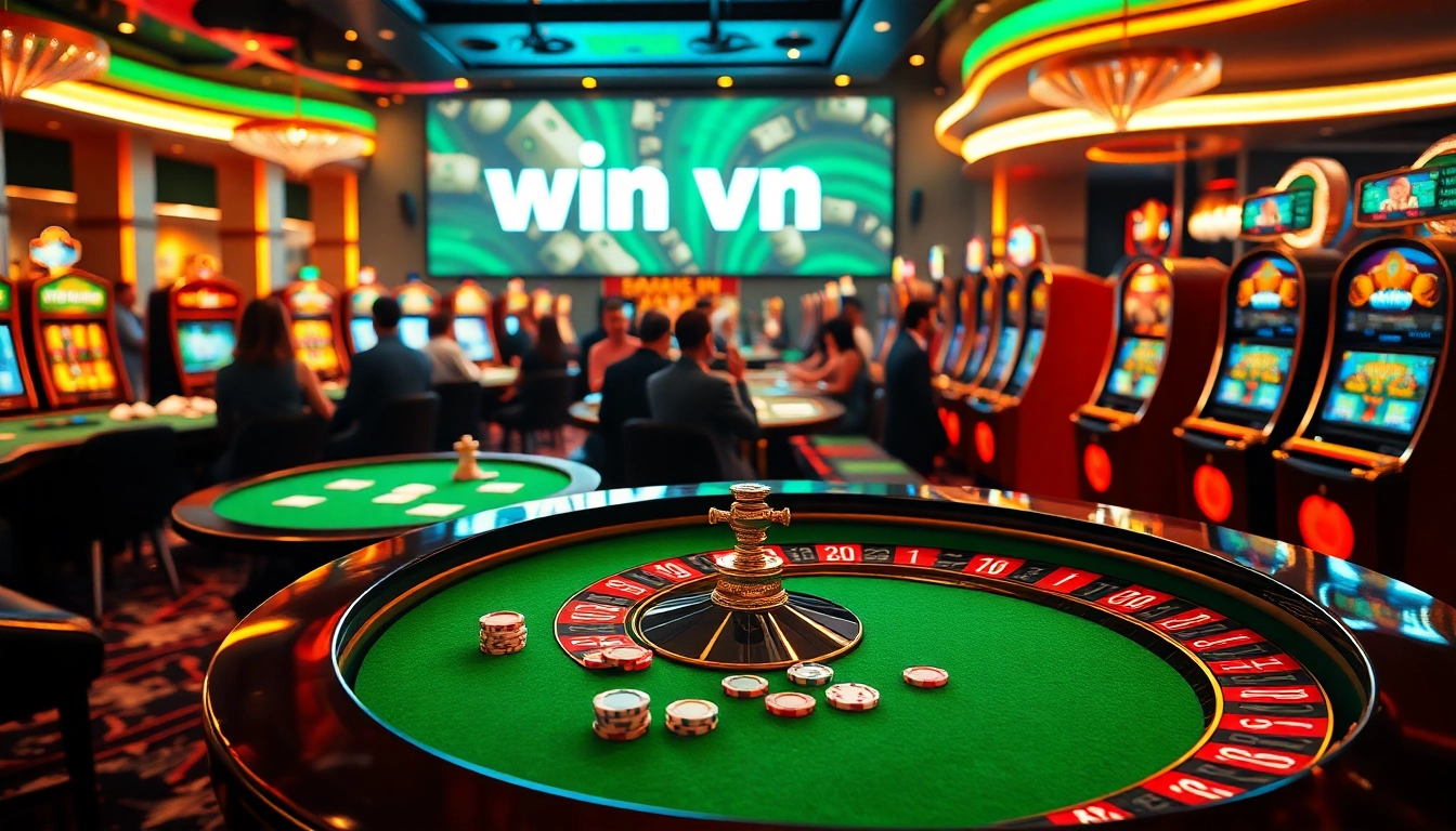 Experience the thrilling ambiance of win vn online betting with vibrant casino tables and enthusiastic players.
