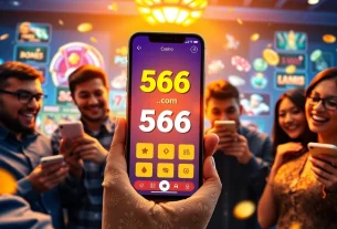 Exciting scene of players enjoying the 566.com game on mobile devices in a lively online casino setting.