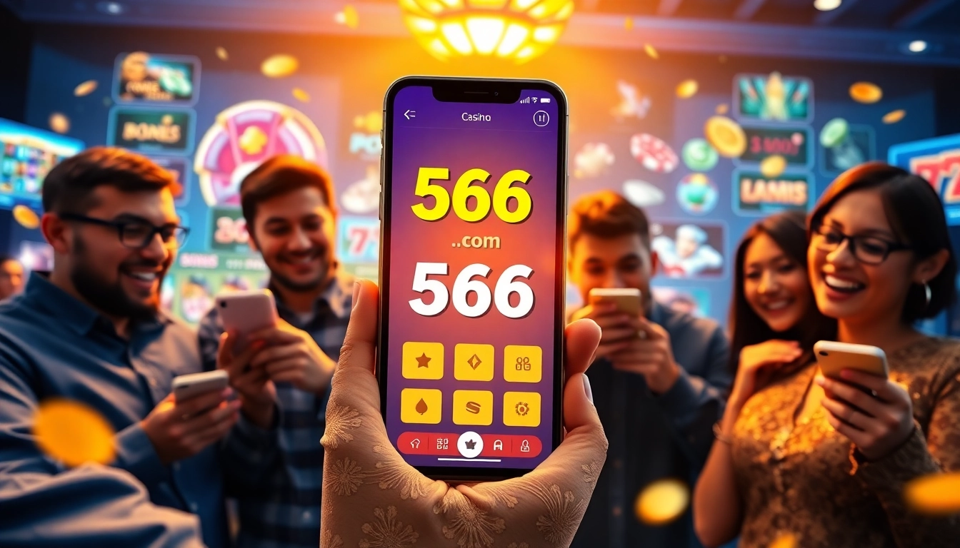 Exciting scene of players enjoying the 566.com game on mobile devices in a lively online casino setting.