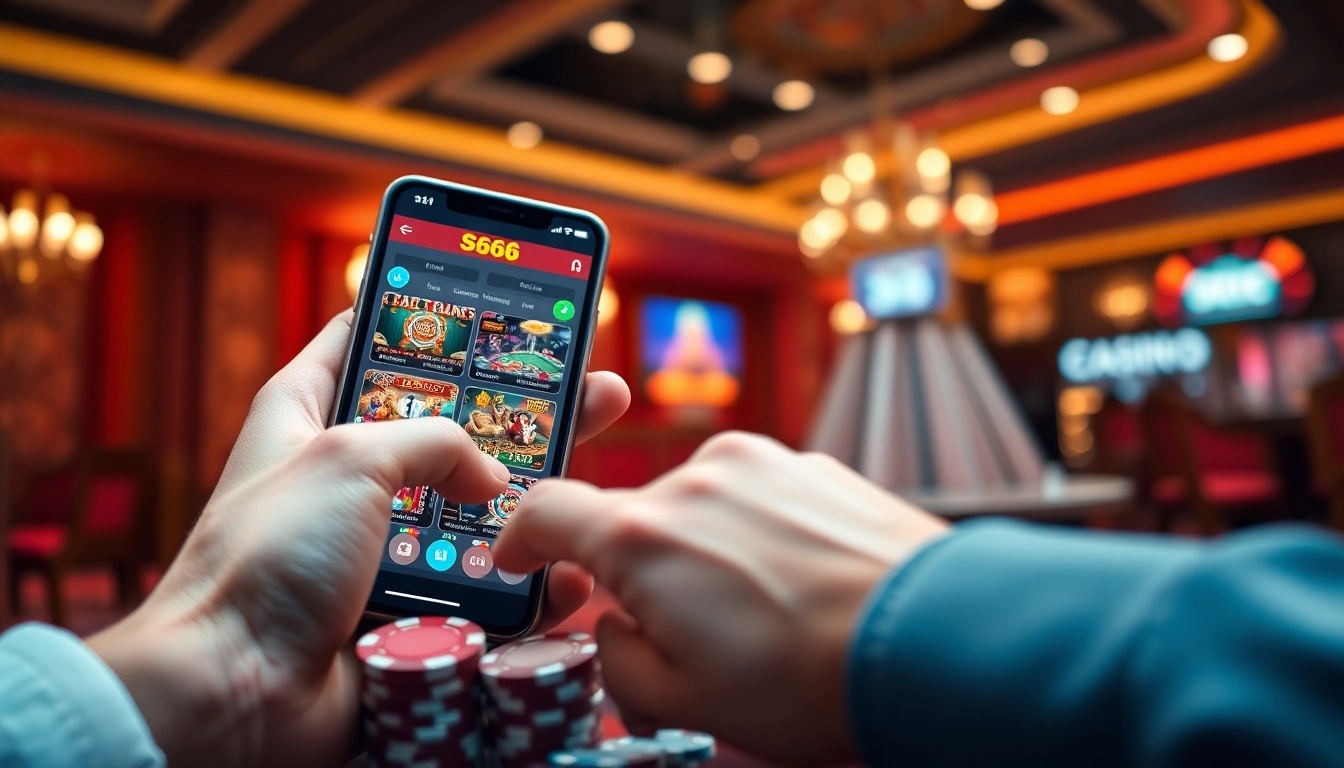 Experience the vibrant online gambling platform s666.nyc through a smartphone interface with casino elements.