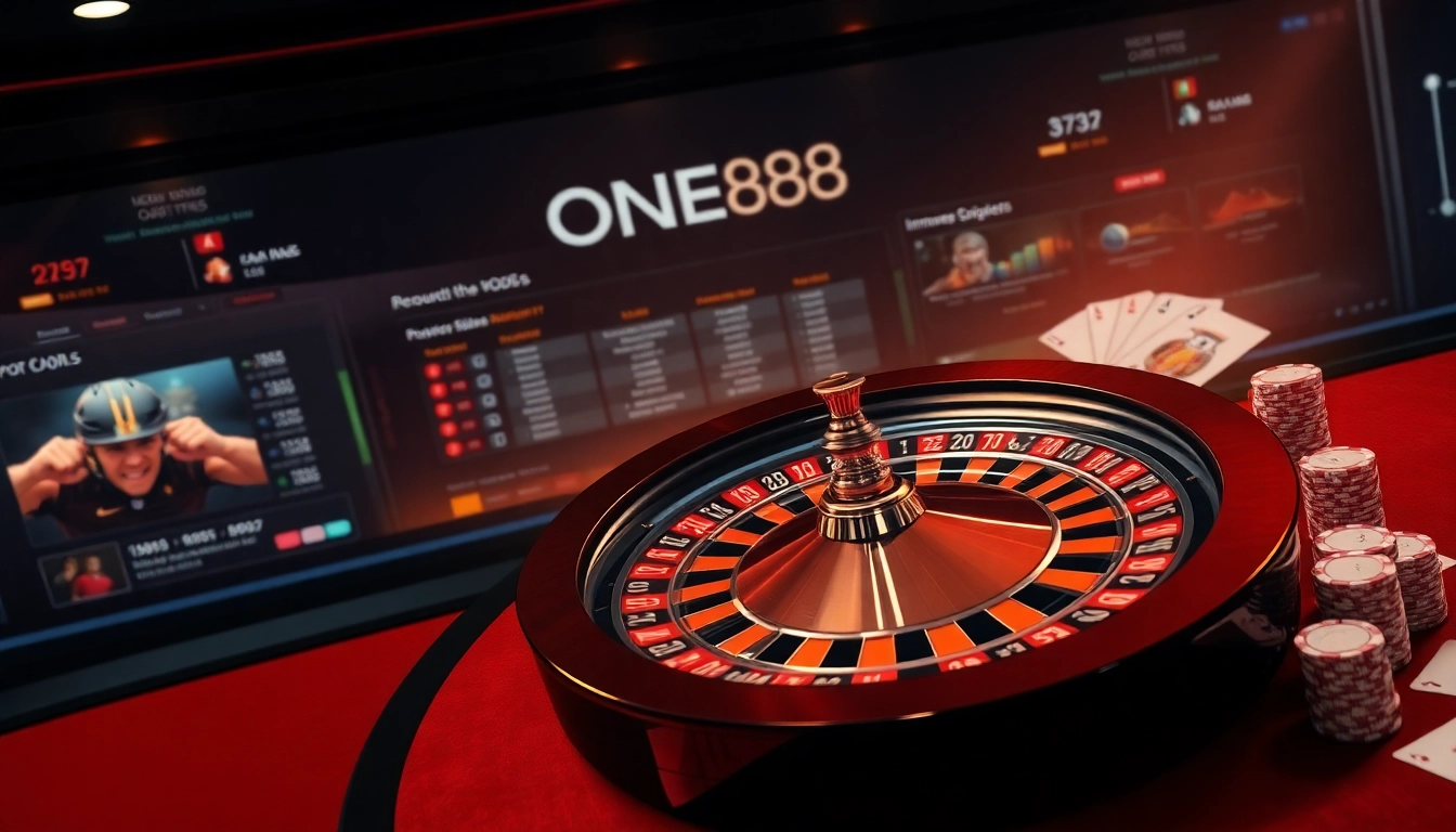 Engaging gaming scene featuring ONE88's luxury casino interface with poker chips and cards.