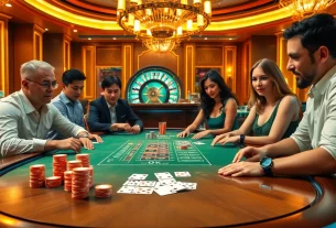 Players enjoying a thrilling poker game at a luxurious casino featuring 99 ok branding.