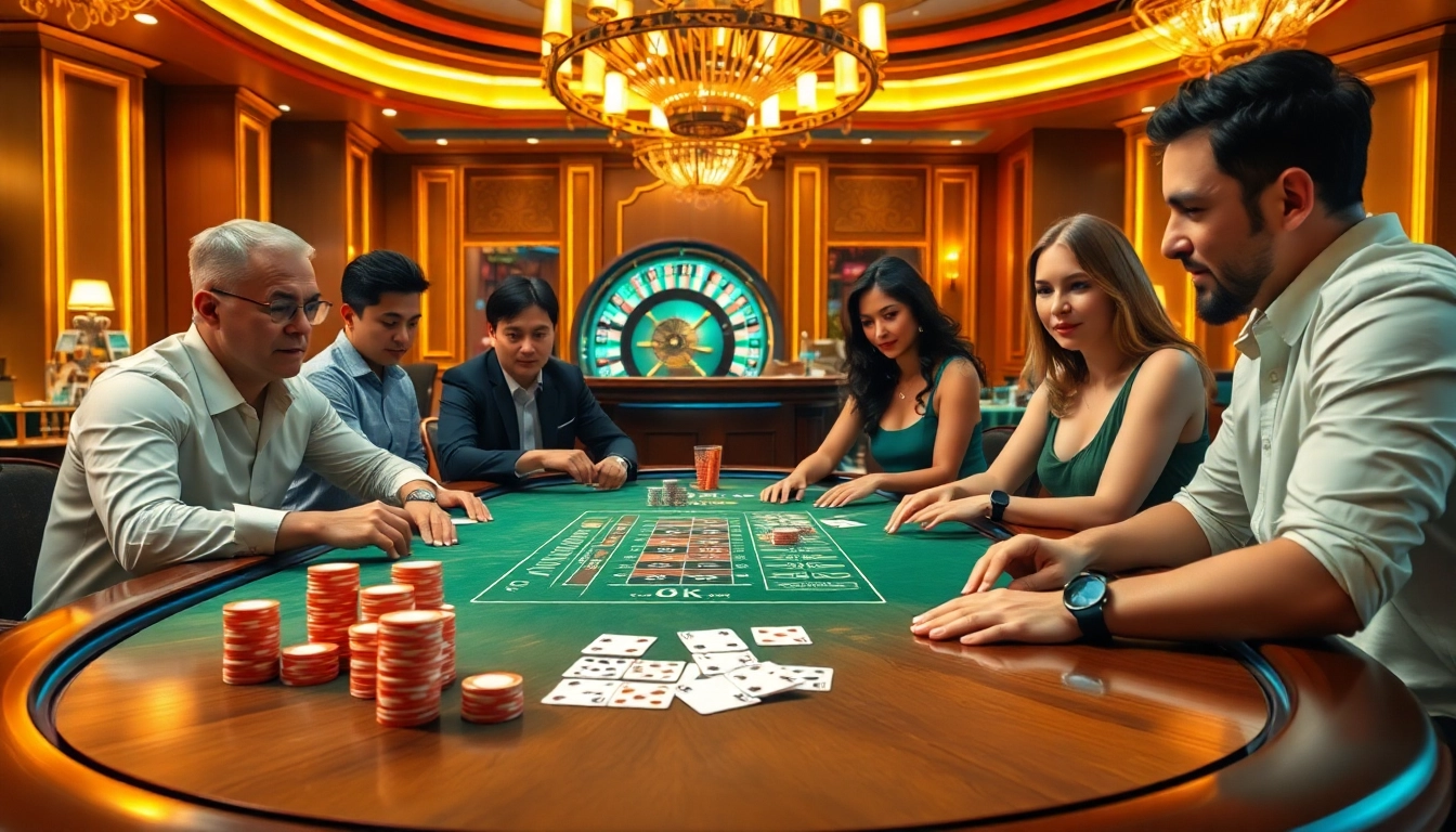 Players enjoying a thrilling poker game at a luxurious casino featuring 99 ok branding.
