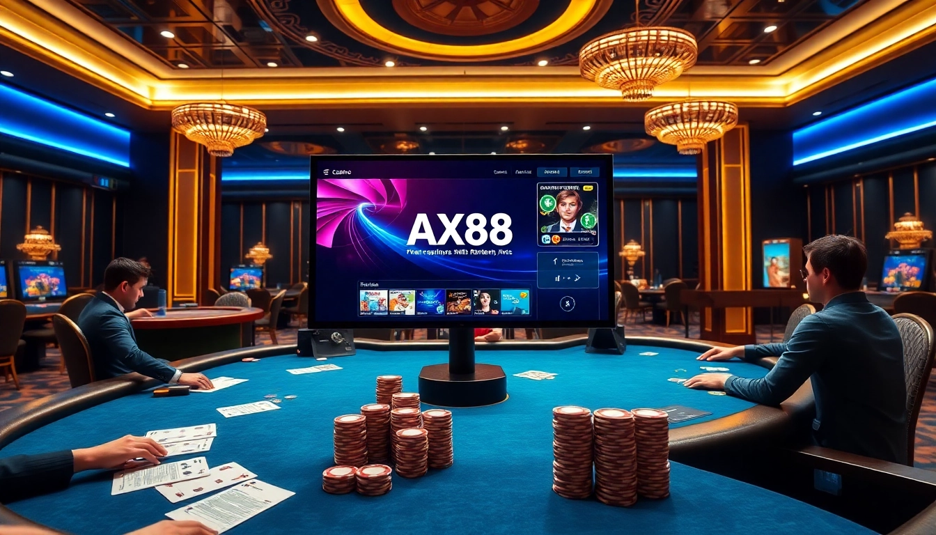 Exciting online casino action featuring AX88 platform with vibrant tables, poker chips, and dealers