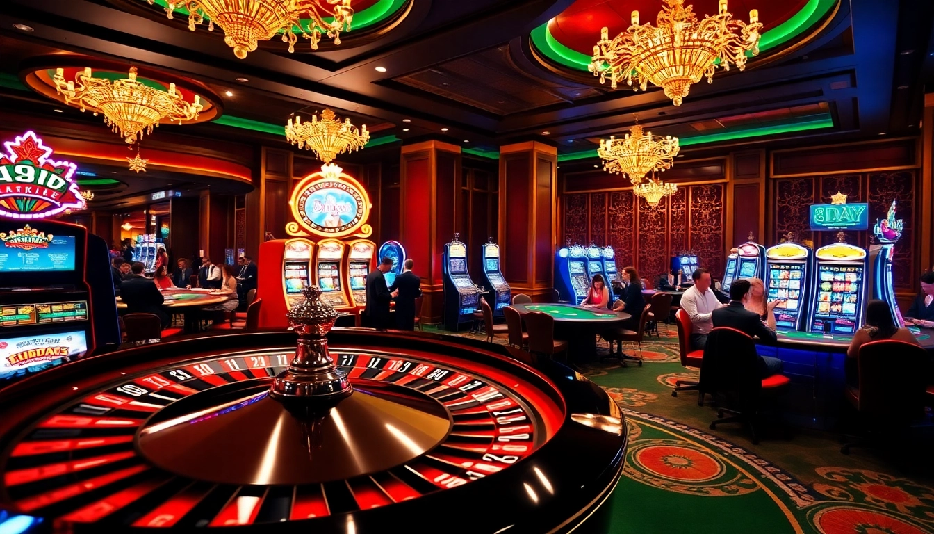 Gamblers strategizing wins at 8DAY casino tables, surrounded by vibrant slot machines.