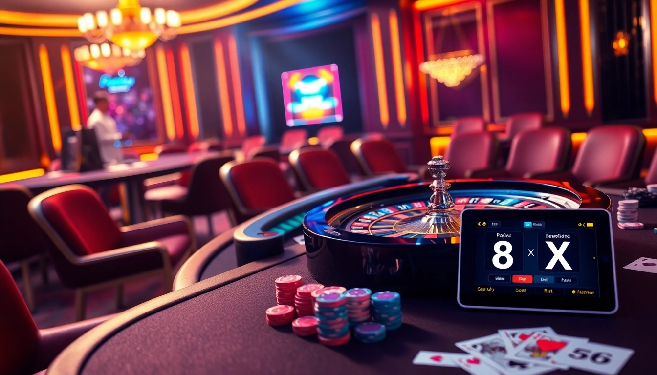Engaging casino gaming scene showcasing 8XX with vibrant chips, cards, and roulette for a thrilling atmosphere.