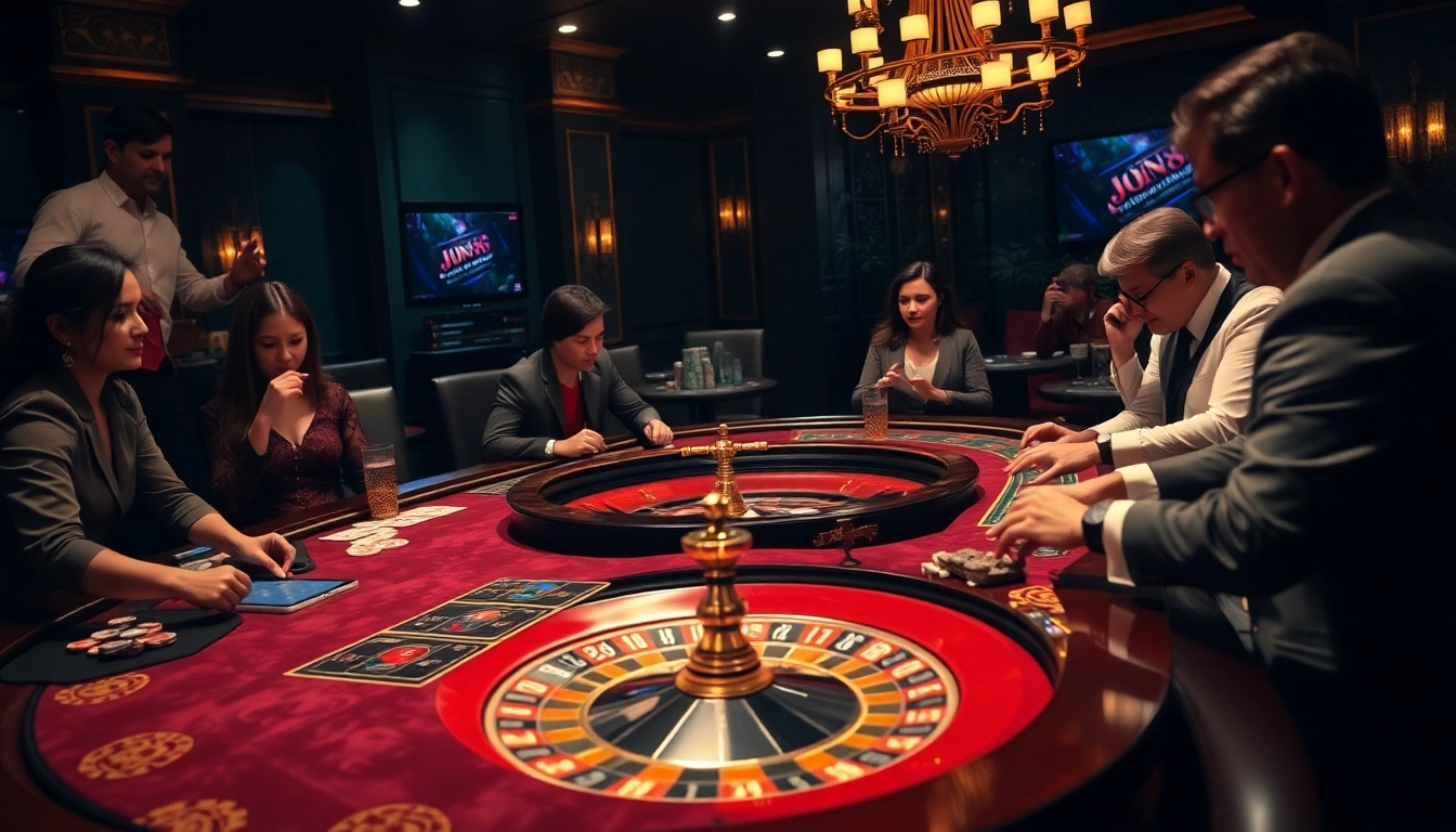 Engaged players enjoying games at nhà cái jun88's luxurious casino table.