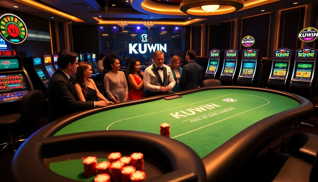 KUWIN casino experience featuring a dealer, poker chips, and slot machines in a glamorous setting.