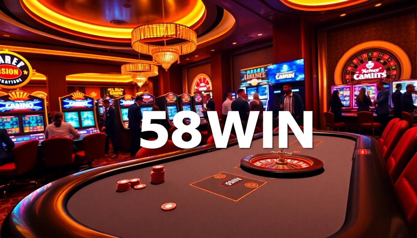 58WIN engages players with vibrant visuals of a high-stakes casino scene.
