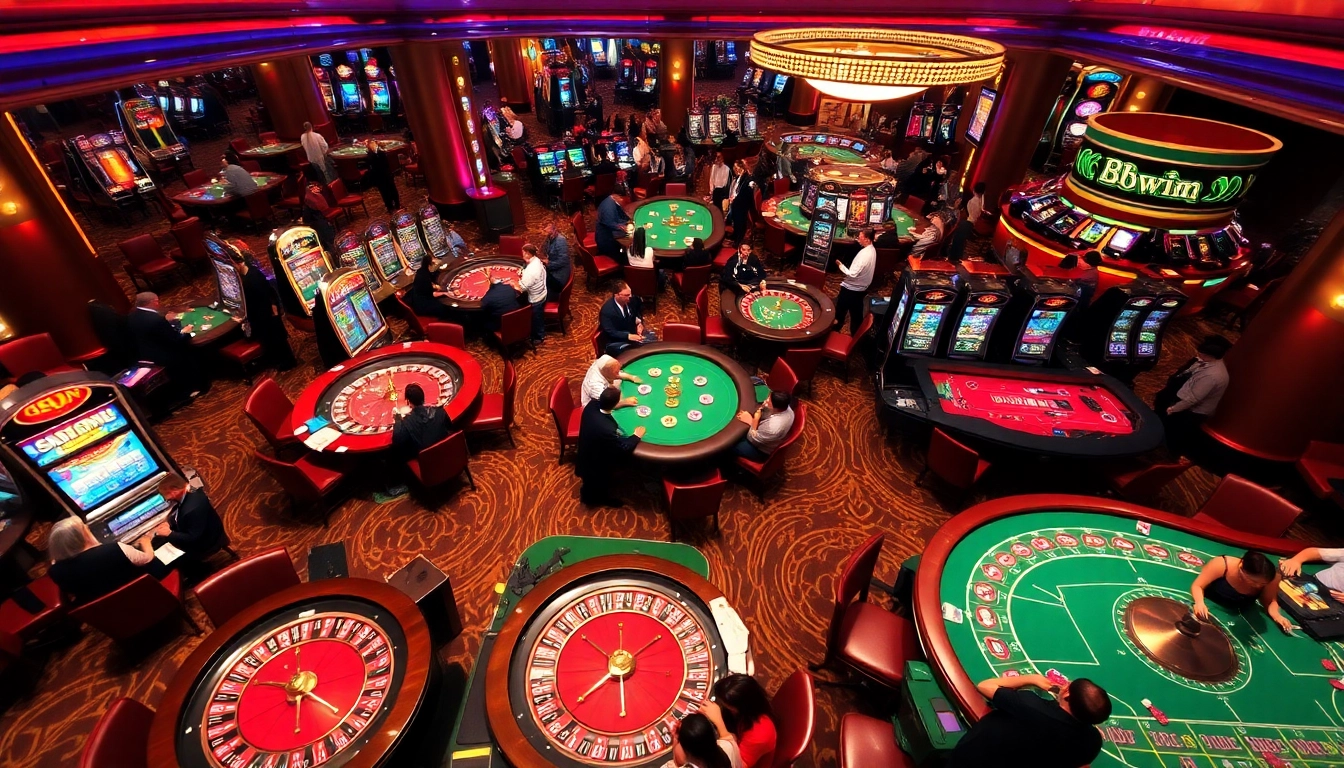 An energetic scene at 58win 2025 casino, featuring players engaging in thrilling bets on roulette and slot machines.