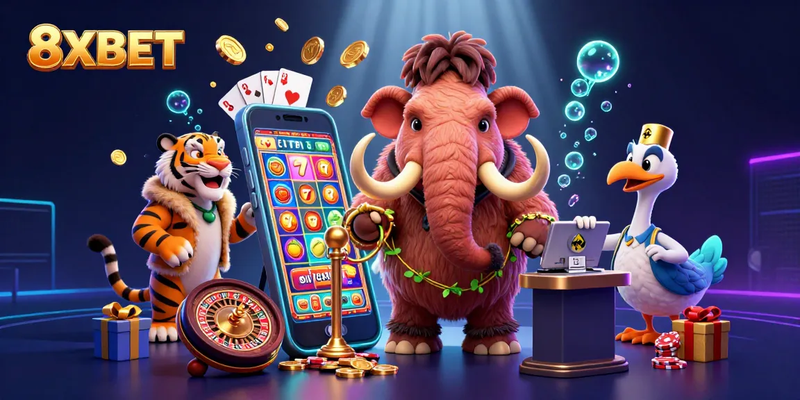 Engage in thrilling casino action with 8XBET featuring vibrant slot games and dynamic characters.