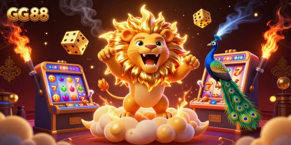 Experience the excitement of GG 88 with a vibrant 3D casino-themed illustration featuring roaring characters and dynamic gaming elements.