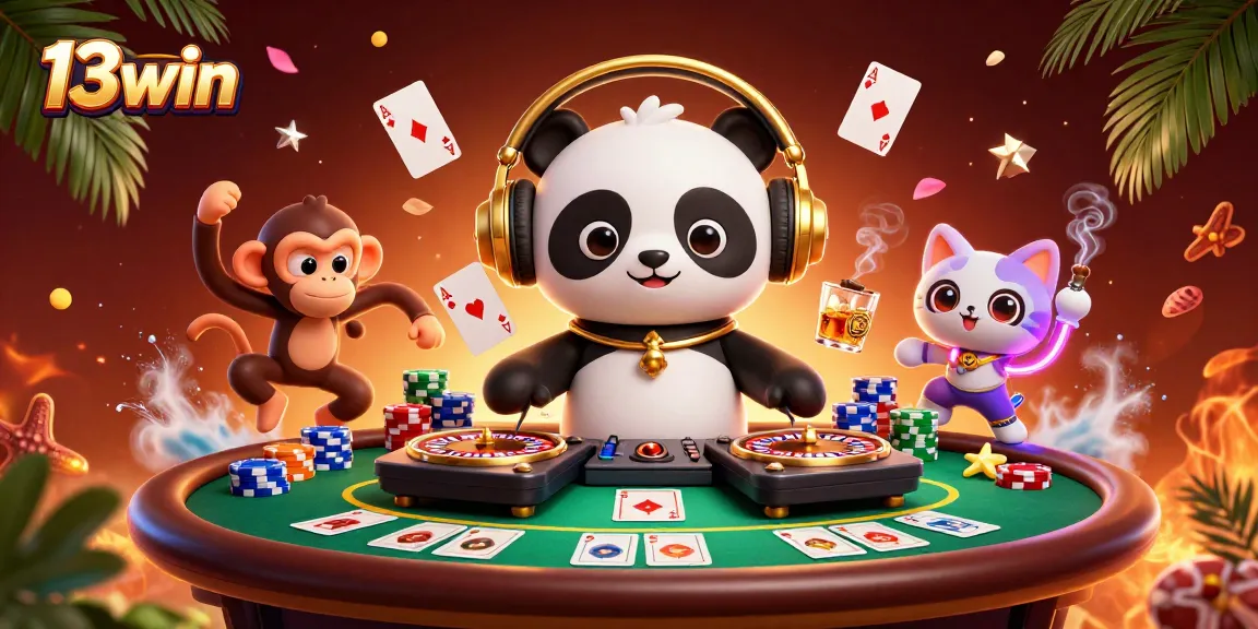 Experience the vibrant excitement of 13win with a DJ panda, breakdancing monkey, and rave kitten in a dynamic casino scene.