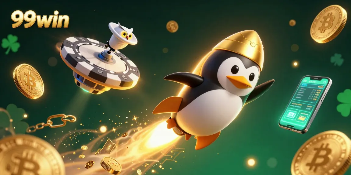 Experience excitement with 99win's golden penguin blasting through a vibrant casino space.
