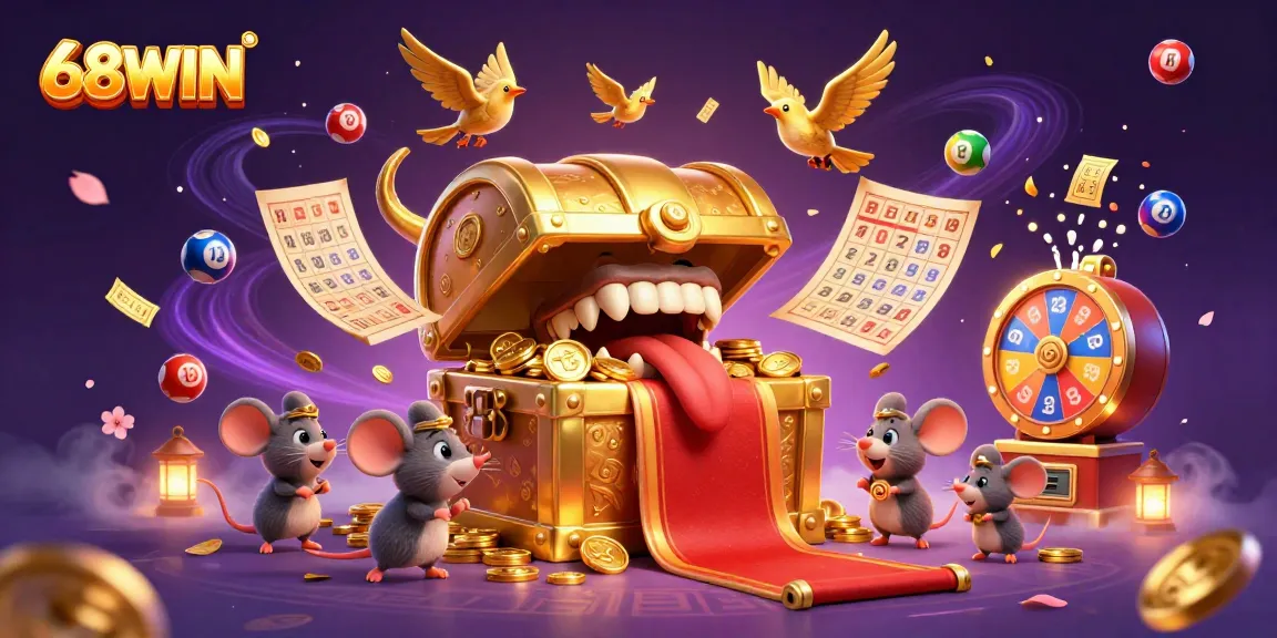 Engage with 68WIN's thrilling gaming adventure featuring colorful lottery elements and golden treasures.