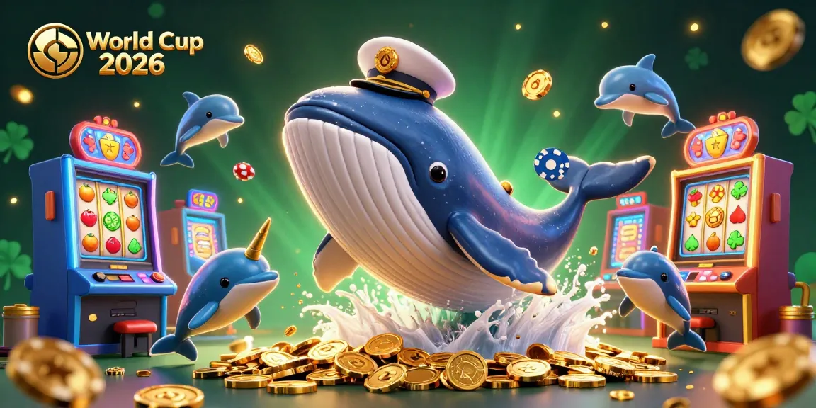 Engage in the thrilling action of World Cup 2026 with a dynamic scene featuring a cartoon whale, narwhal, and dolphins amidst colorful casino elements.