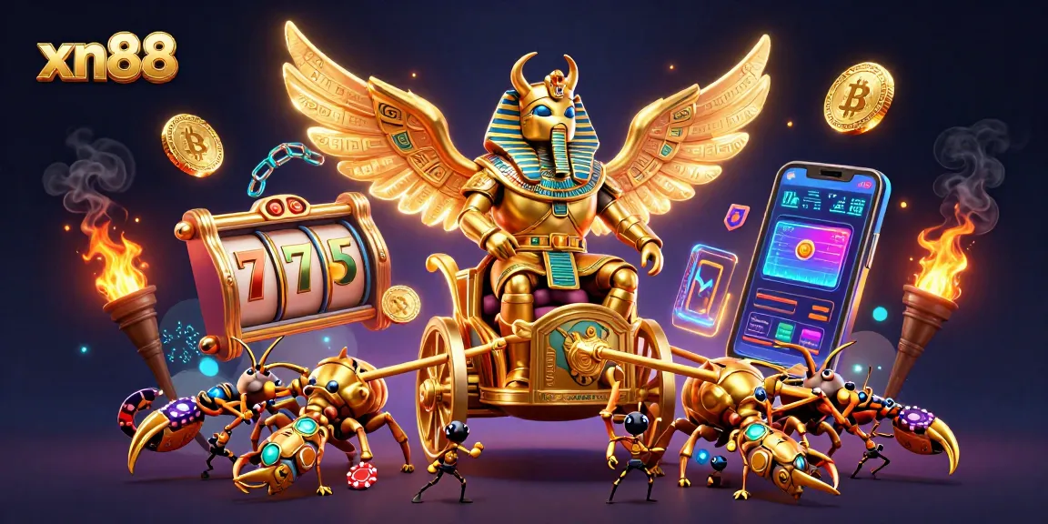 Watch as thrilling xn88 casino games come alive with a colossal scarab and glowing cryptocurrencies.