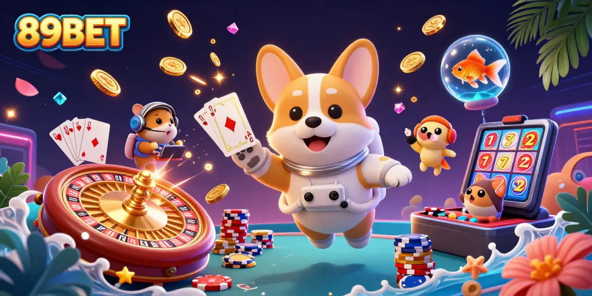 Engage in thrilling casino action with 89BET at a futuristic space station casino scene featuring playful characters.
