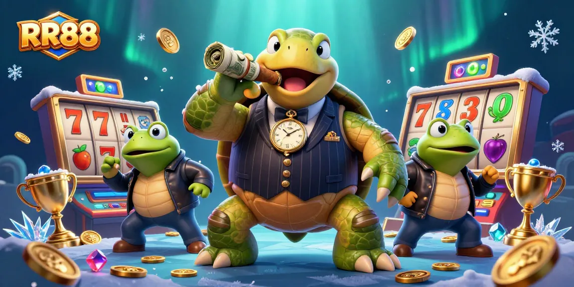 Experience the exciting casino world with RR88's vibrant illustration of a snapping turtle and bullfrogs amid slot machines and winning symbols.