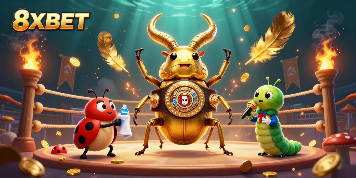Engaging 8XBET scene featuring a golden stag beetle boxing, showcasing sports betting excitement.