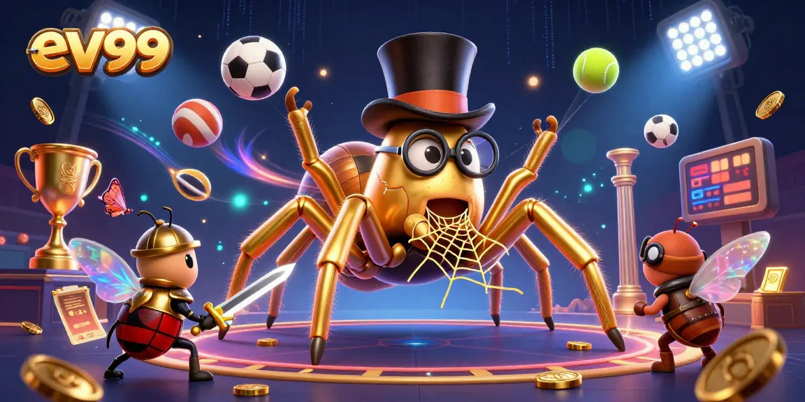ev99 engages players with a vivid casino scene showcasing a unique cartoon tarantula weaving golden threads.