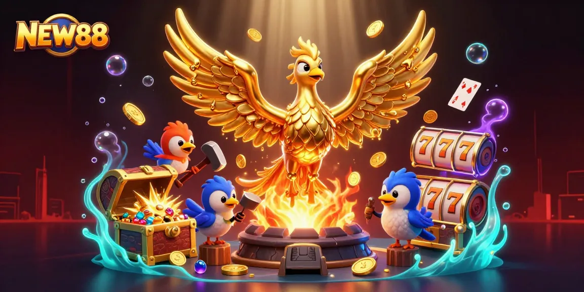 Experience the thrilling gaming world of NEW88 with vivid 3D illustrations of magical elements, slot games, and a stunning phoenix.