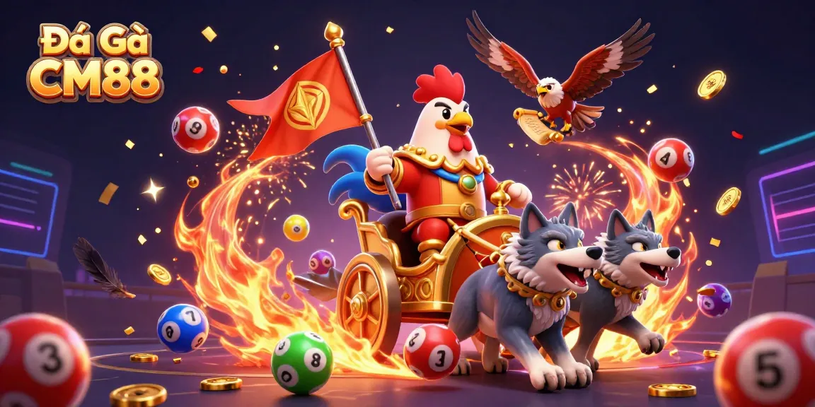 Engage in Đá Gà CM88 with an exciting battle scene featuring a rooster warlord, dynamic elements, and vibrant casino effects.