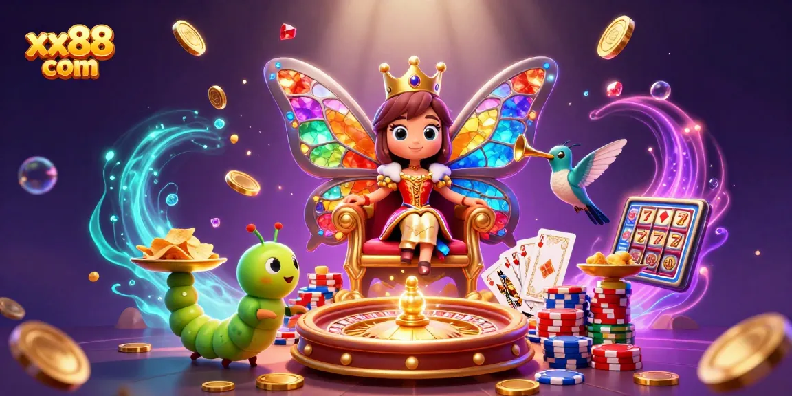 Spin and win with xx88 com in this vibrant online casino illustration filled with gaming excitement.