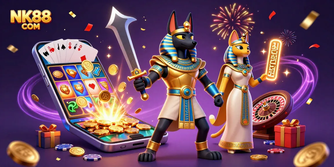 Experience thrilling gameplay at NK88 COM with a dynamic scene of Anubis and Bastet celebrating in a vibrant casino.