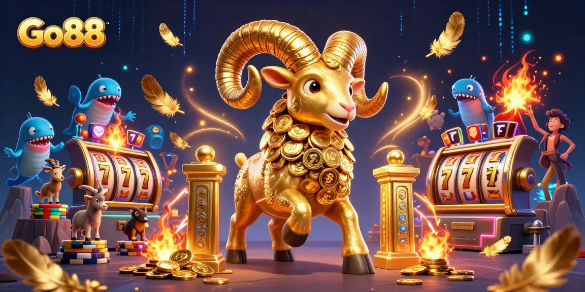 Go88 ram charges through a golden gate, embodying excitement and casino gaming energy, with 3D elements surrounding