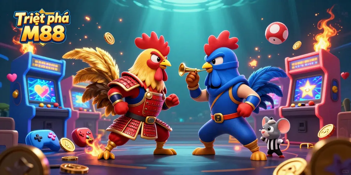 Engage in the thrilling Triệt phá M88 experience with dynamic fighting roosters and vibrant gaming elements.