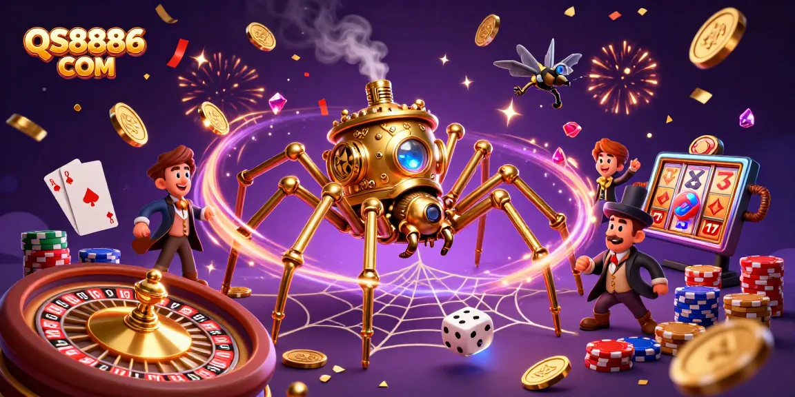 Engage with QS8886 COM's thrilling 3D casino scene filled with games, celebrations, and excitement.